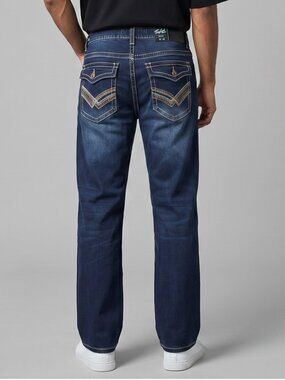 True Luck Men's Size 38x32 Thick Stitched Bootcut Jeans Dark Wash Denim BKE
